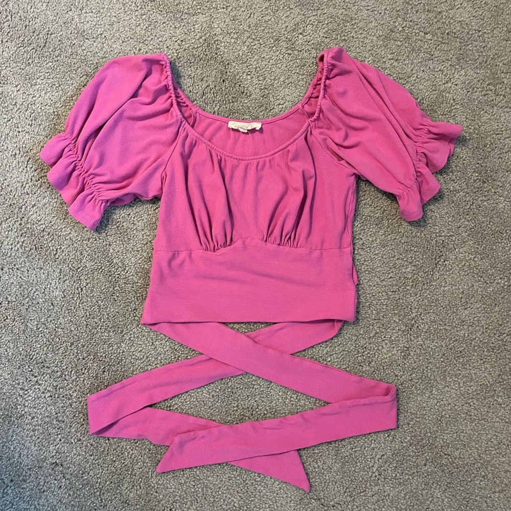 Listicle Pink Puff Sleeve Wrap Bow Crop Top